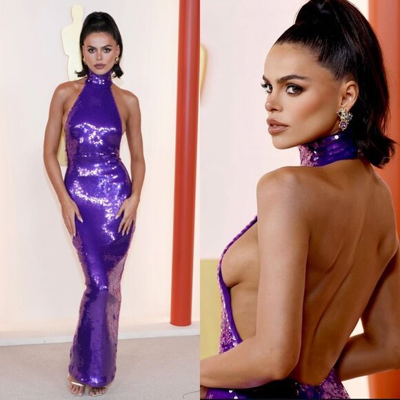 NWT LaQuan Smith Halter Open Back Sequin Bodycon Maxi Gown Grape Large $2550 - Picture 1 of 12